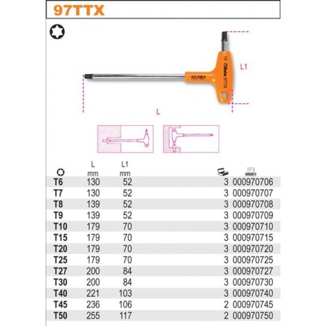 KLUCZE TRZPIENIOWE KĄTOWE PROFIL TORX®, Z RĘKOJEŚCIĄ  97TTX